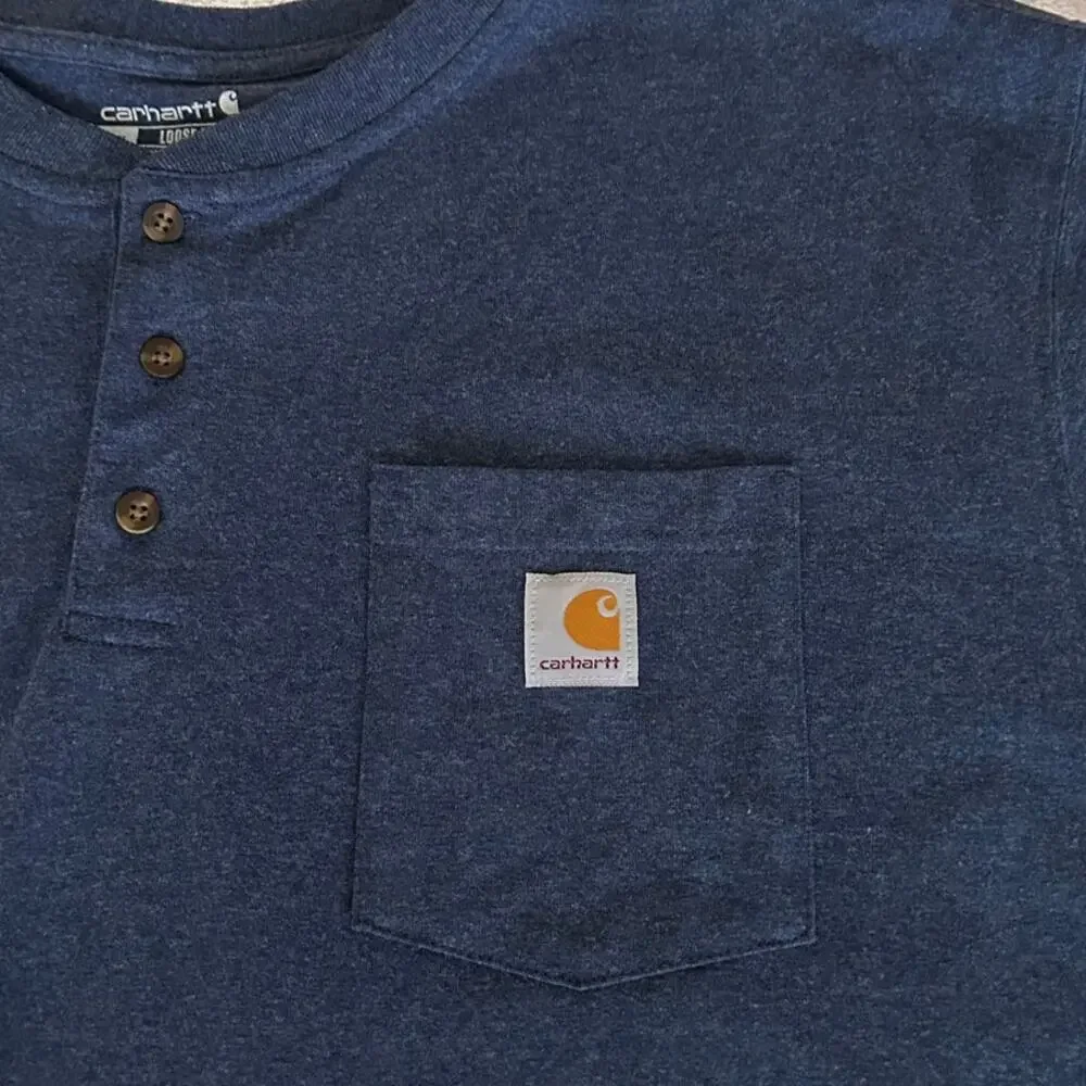Carhartt Loose Fit Pocket Henley T-Shirt Navy Blue 2XL Heavyweight Workwear - Picture 2 of 8